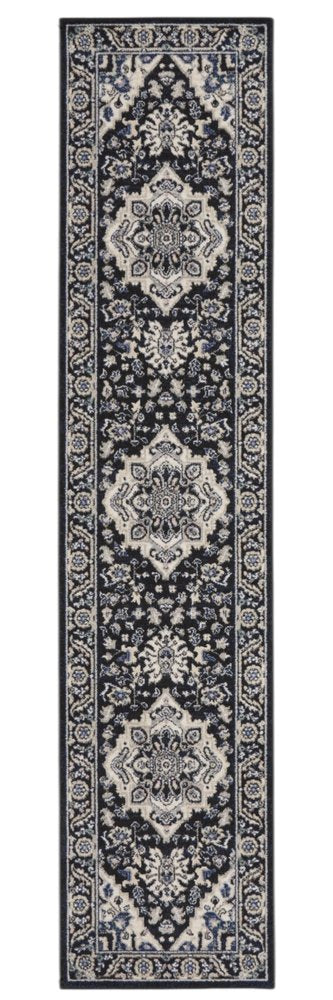 10' Black Ivory And Blue Floral Runner Rug