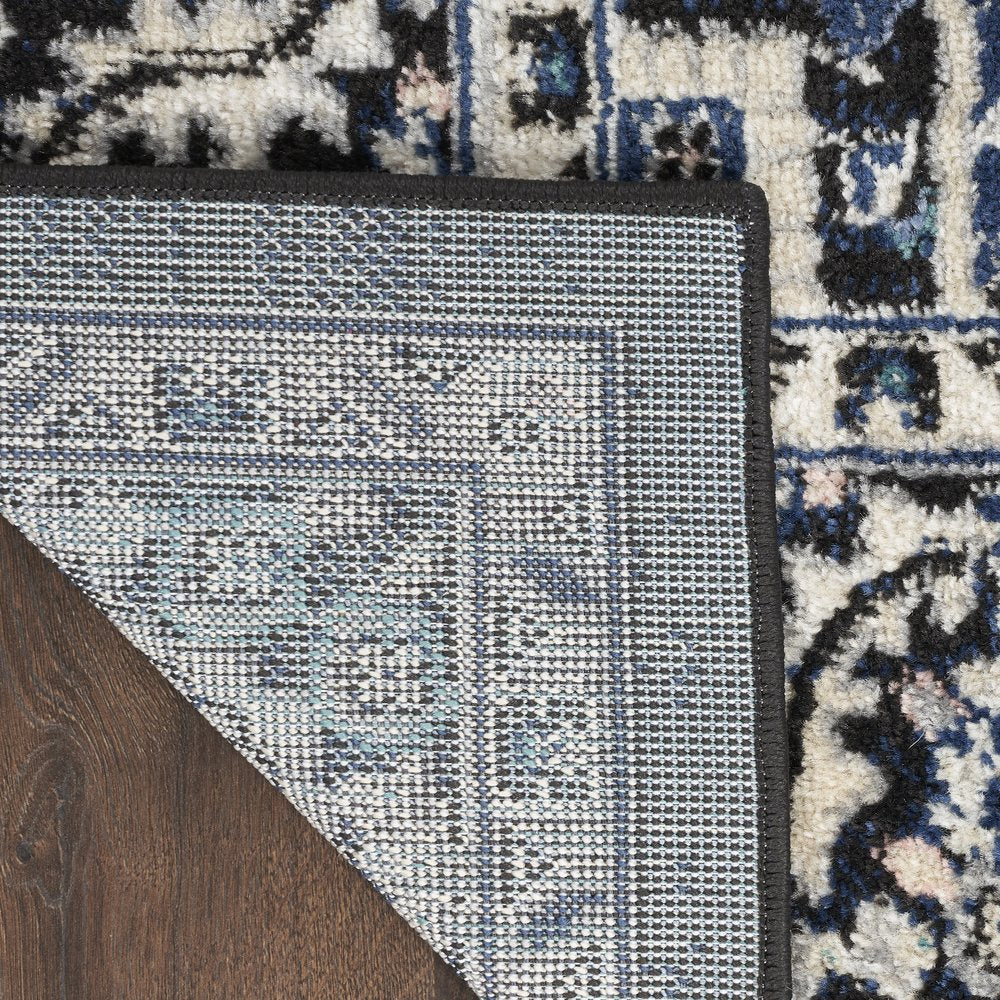 10' Black Ivory And Blue Floral Runner Rug