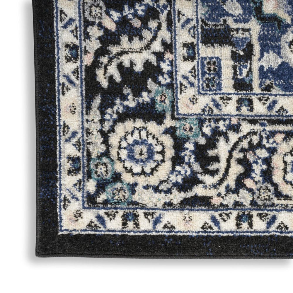 10' Black Ivory And Blue Floral Runner Rug