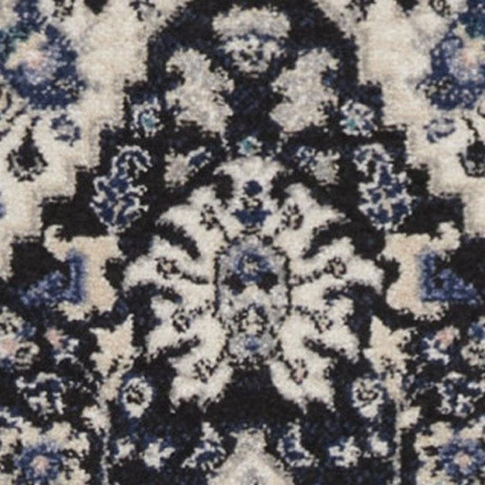 10' Black Ivory And Blue Floral Runner Rug