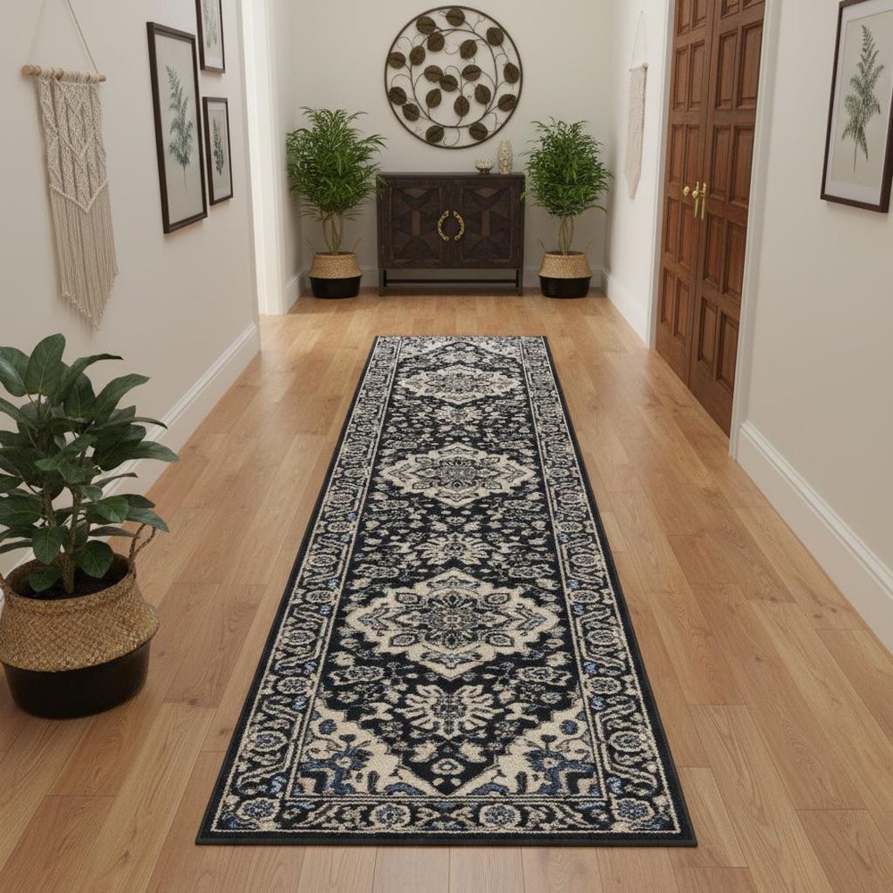 10' Black Ivory And Blue Floral Runner Rug