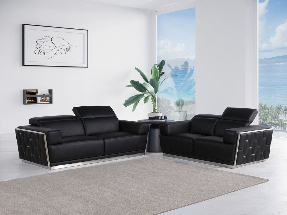 Two Piece Black Italian Leather Five Person Seating Set