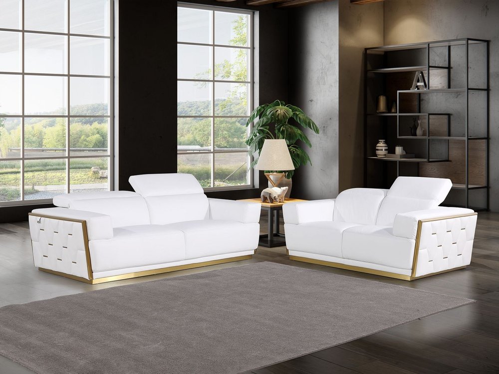 Two Piece White Italian Leather Five Person Seating Set