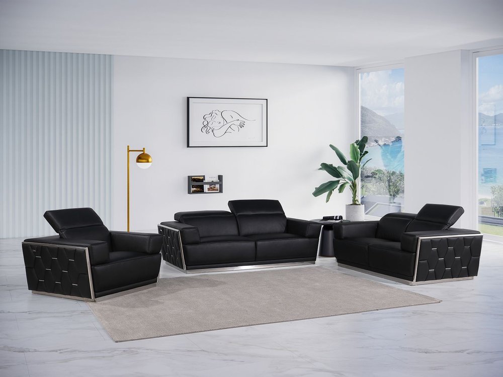 Three Piece Black Italian Leather Six Person Seating Set