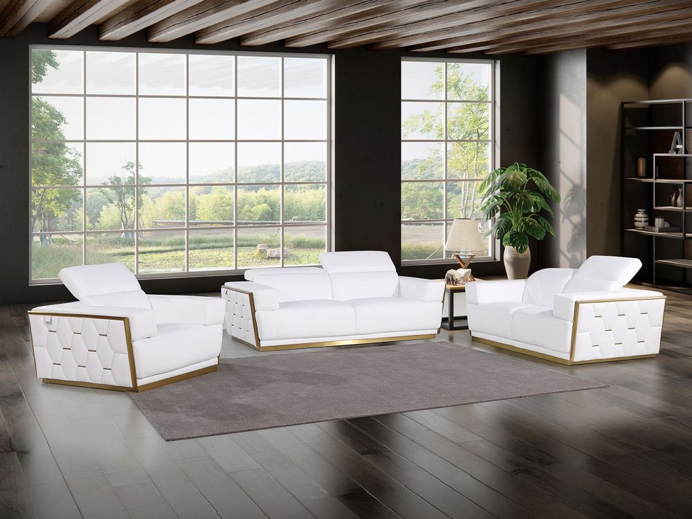 Three Piece White Italian Leather Six Person Seating Set