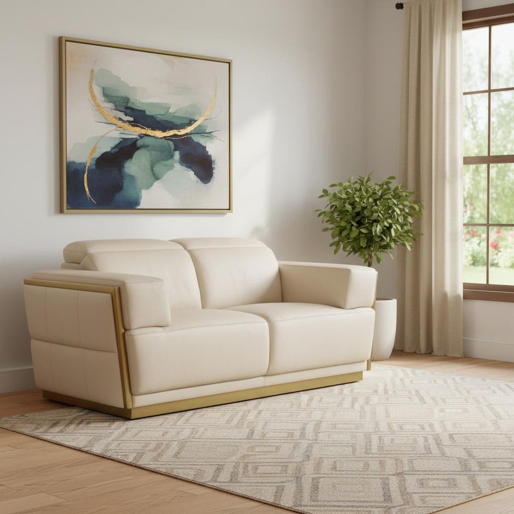 70" Beige And Gold Italian Leather Love Seat