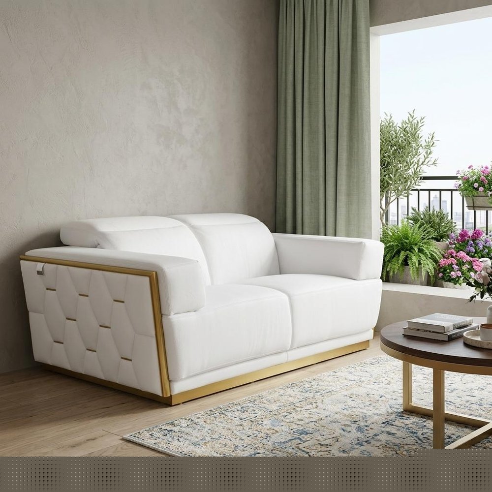 70" White And Silver Italian Leather Loveseat