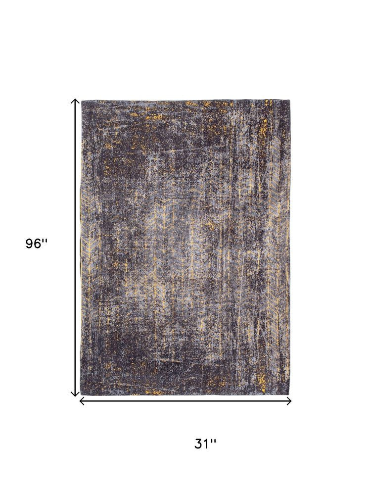10' Black And Gold Chevron Washable Runner Rug
