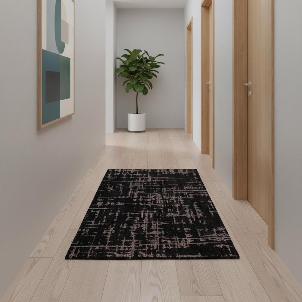 10' Black And Gray Abstract Washable Runner Rug