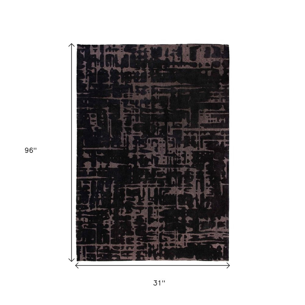 10' Black And Gray Abstract Washable Runner Rug
