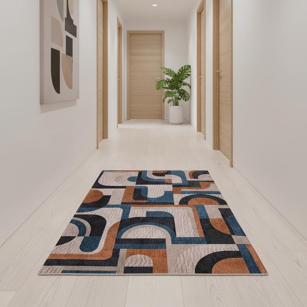 10' Beige And Gray Geometric Washable Runner Rug
