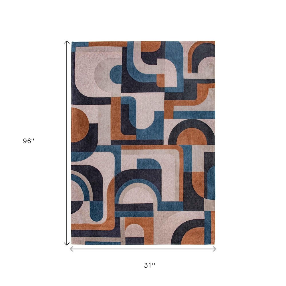 10' Beige And Gray Geometric Washable Runner Rug
