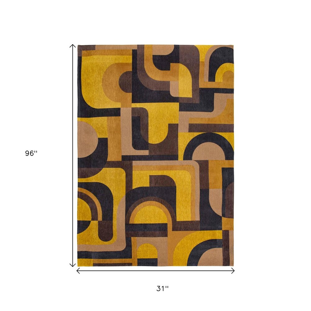 10' Black And Yellow Geometric Washable Runner Rug