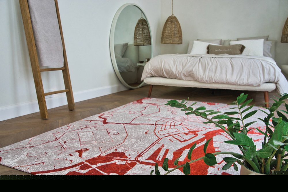 9' X 13' Red and White Abstract Non Skid Area Rug