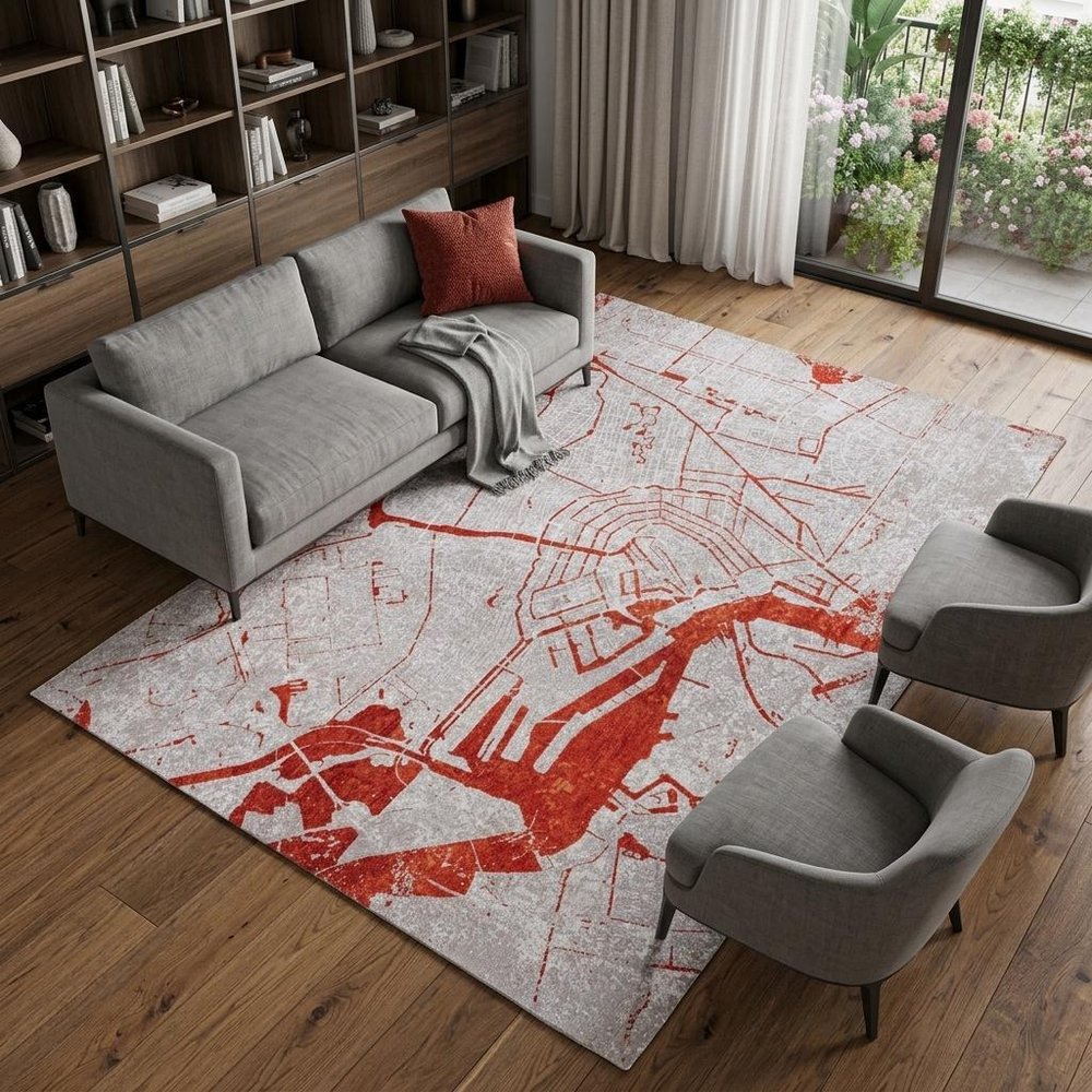 9' X 13' Red and White Abstract Non Skid Area Rug