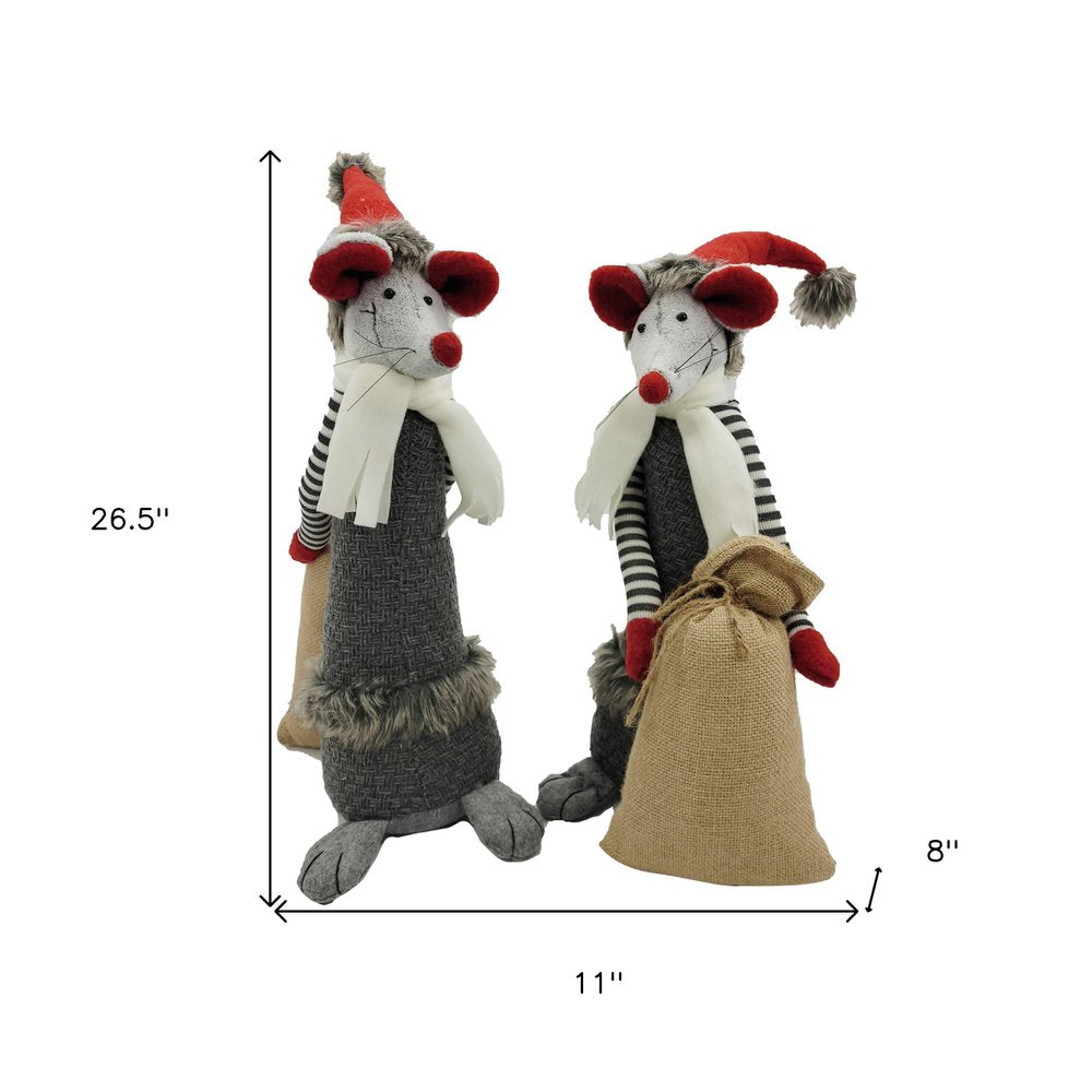 Set of Two Gray Brown And Red Fabric Rodent Christmas Santa and Mrs. Claus Figurine