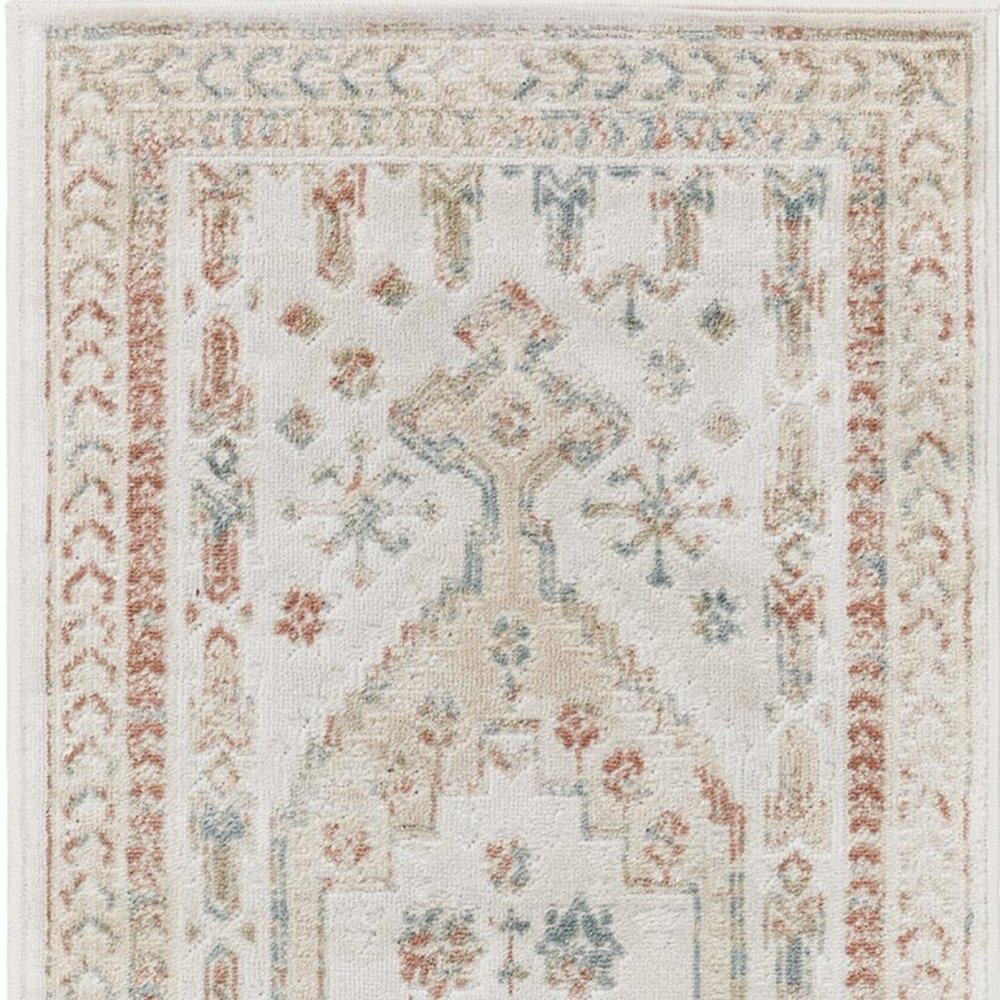 10' Beige Teal Blue And Orange Oriental Non Skid Runner Rug