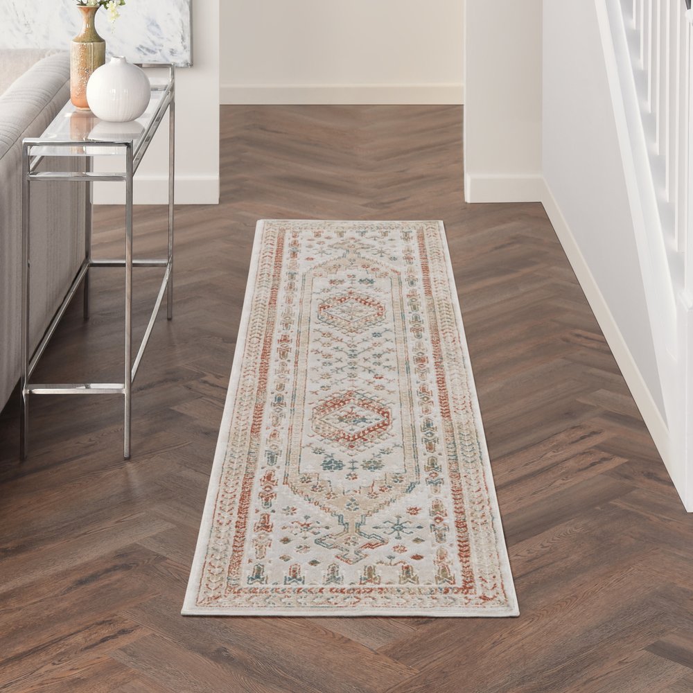 10' Beige Teal Blue And Orange Oriental Non Skid Runner Rug