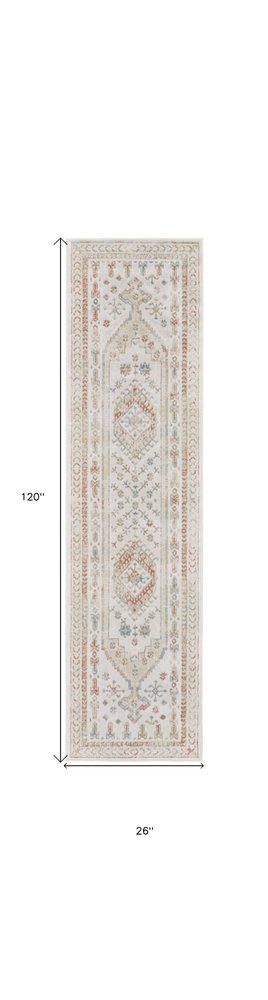 10' Beige Teal Blue And Orange Oriental Non Skid Runner Rug