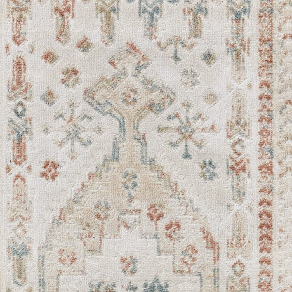 10' Beige Teal Blue And Orange Oriental Non Skid Runner Rug