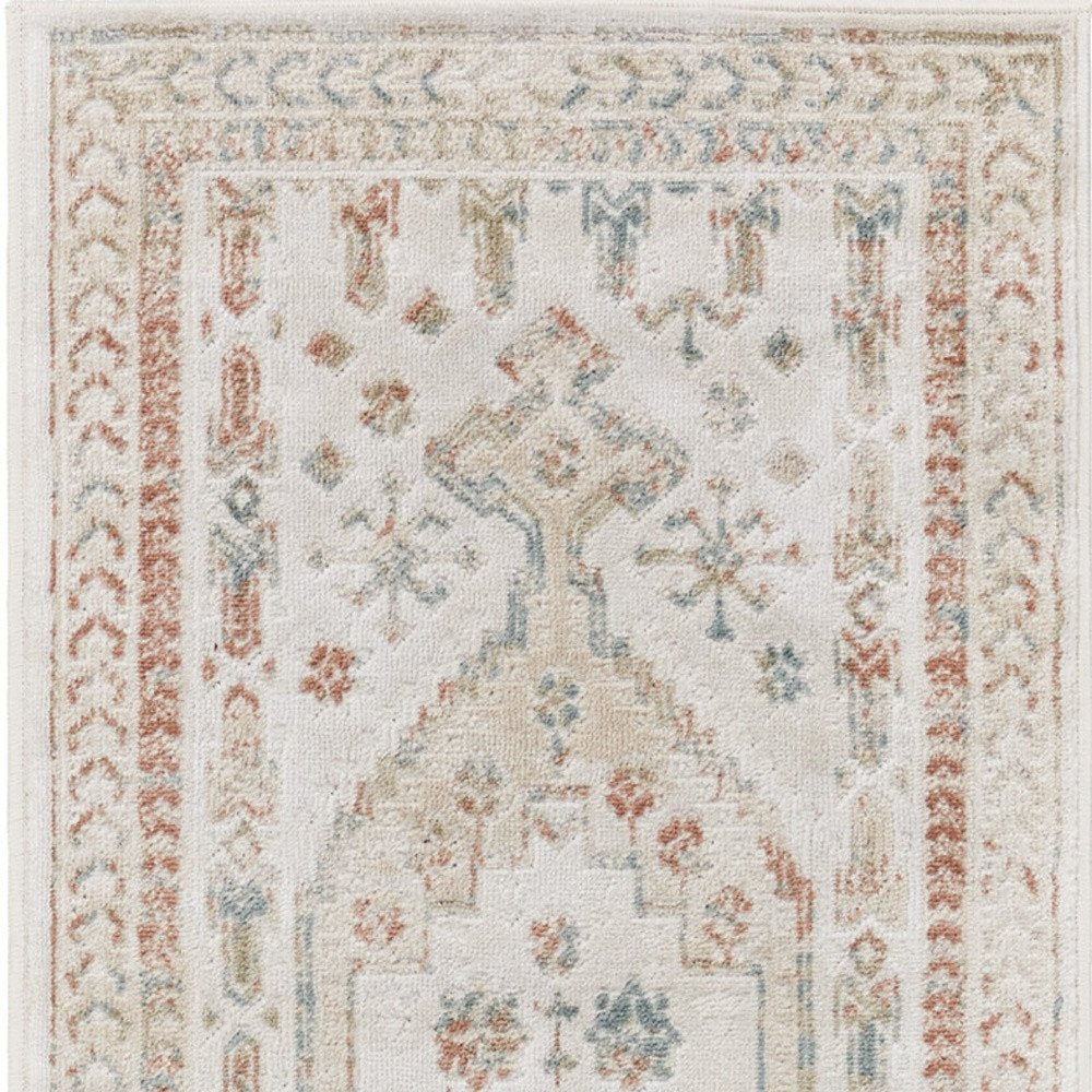 10' Beige Teal Blue And Orange Oriental Non Skid Runner Rug
