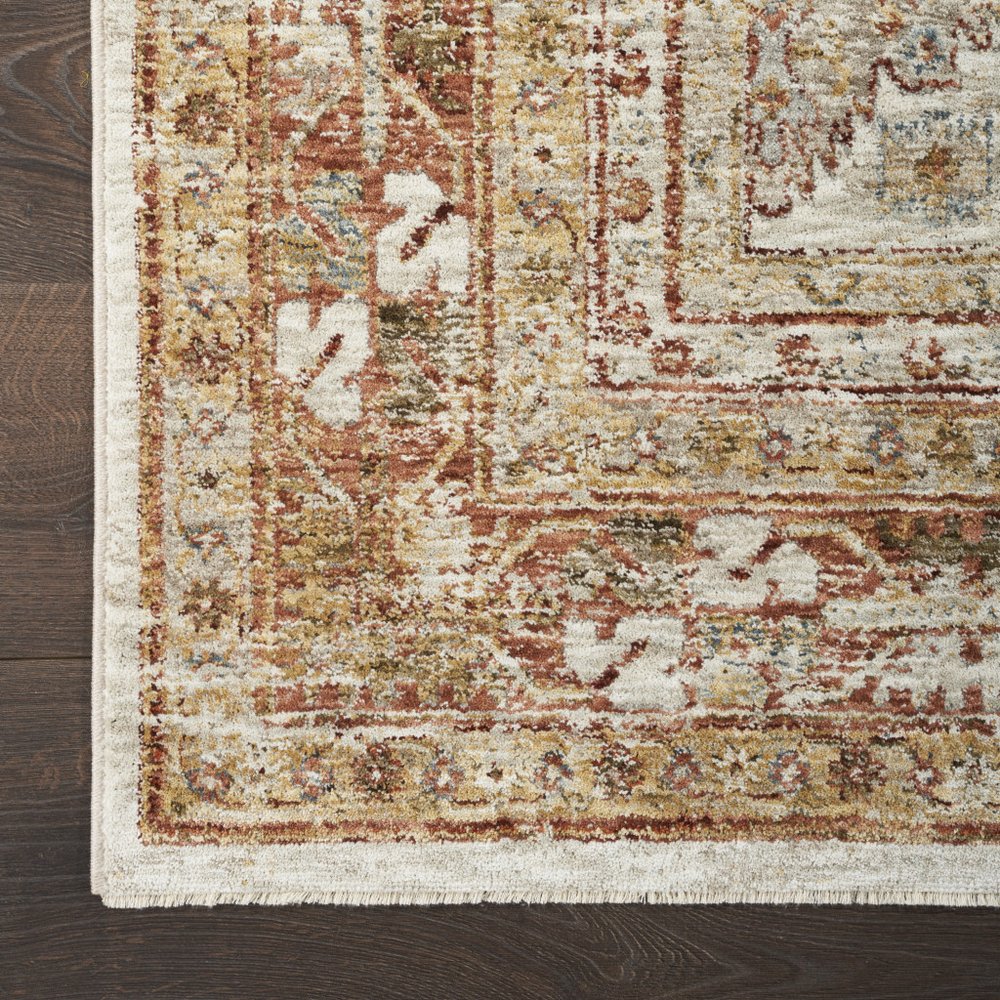 9' X 13' Rust Ivory And Blue Geometric Distressed Area Rug