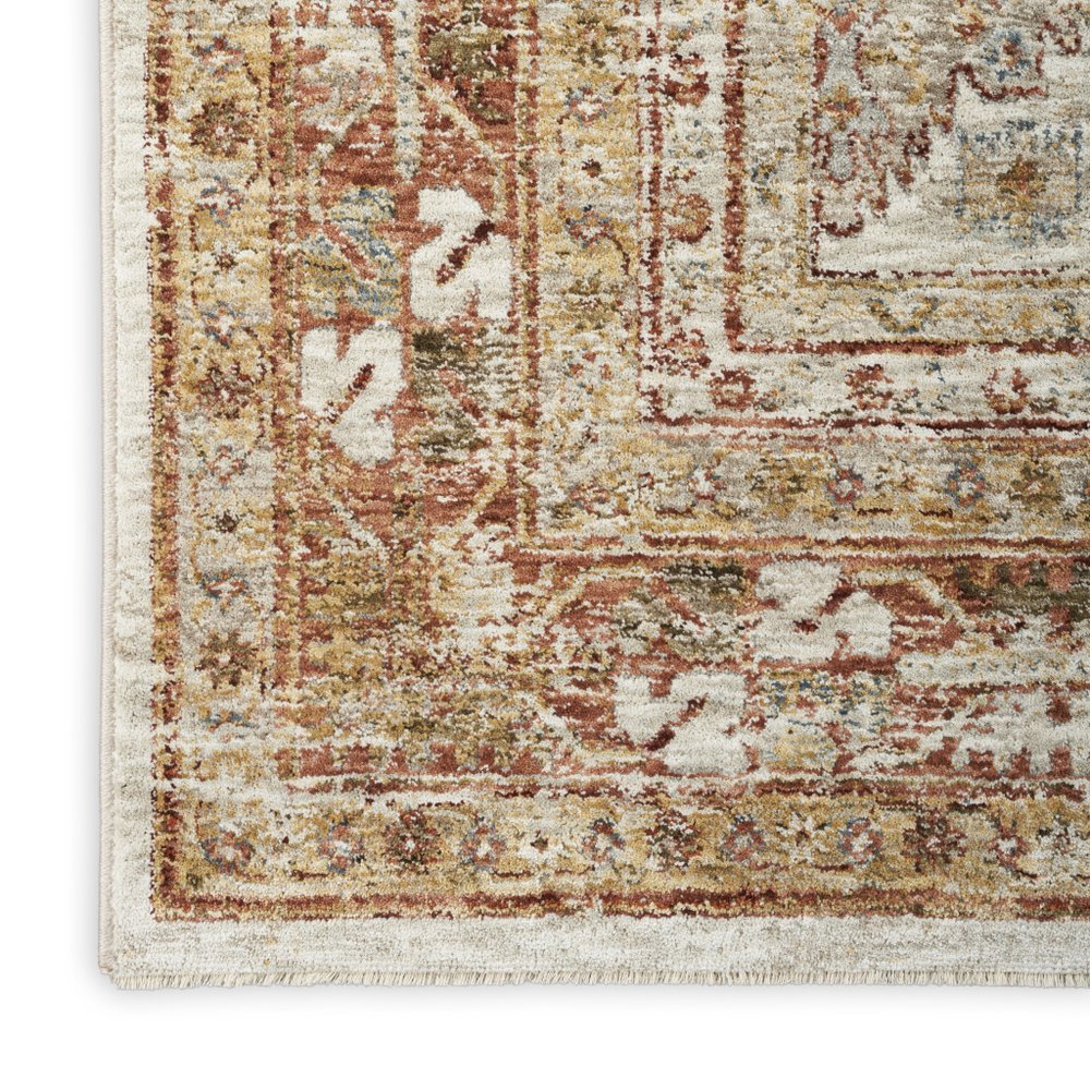 9' X 13' Rust Ivory And Blue Geometric Distressed Area Rug