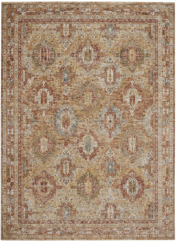 9' X 13' Rust Ivory And Blue Geometric Distressed Area Rug