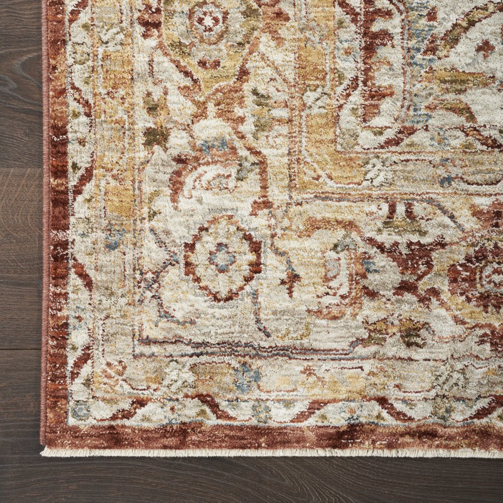 9' X 13' Rust Ivory And Blue Geometric Distressed Area Rug