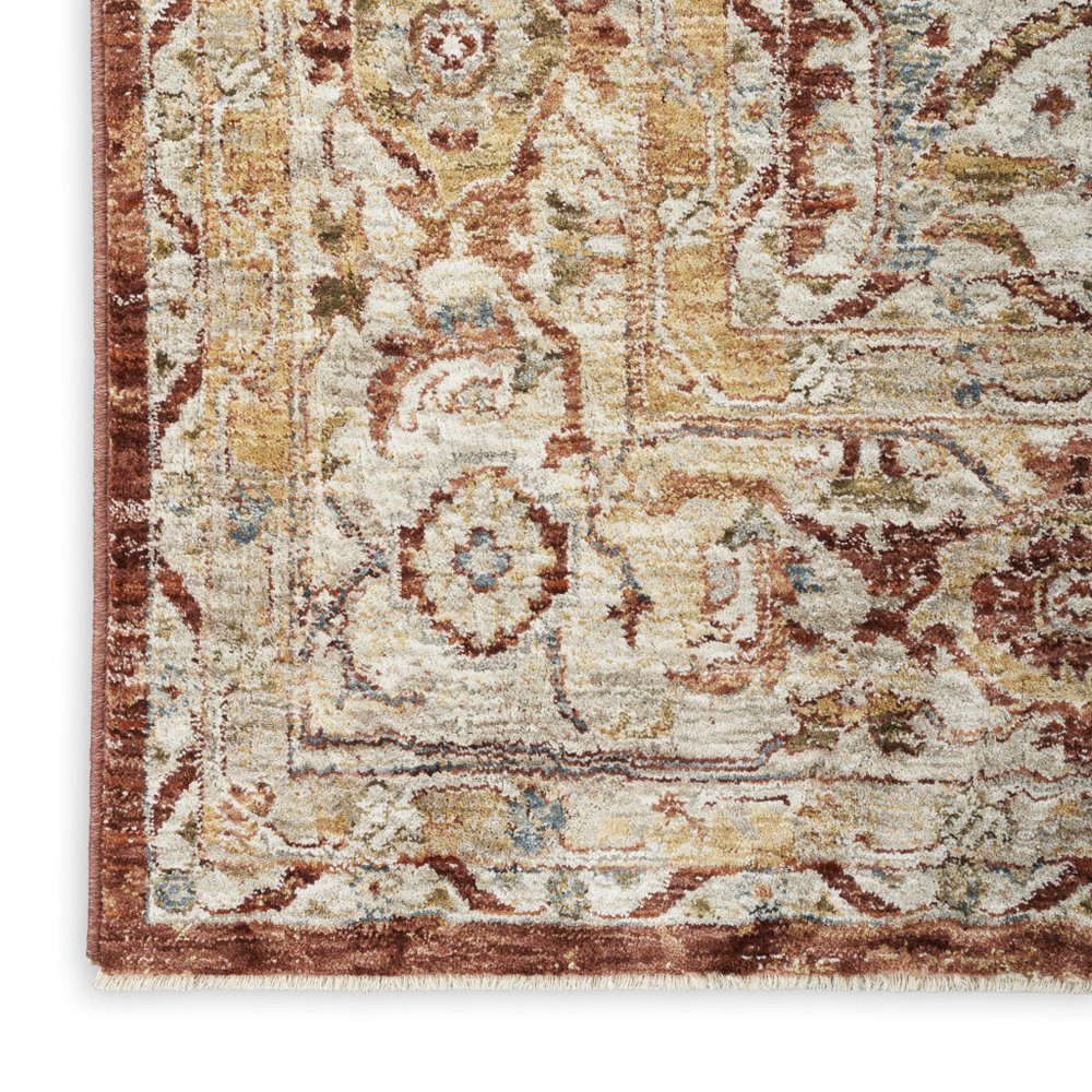 9' X 13' Rust Ivory And Blue Geometric Distressed Area Rug