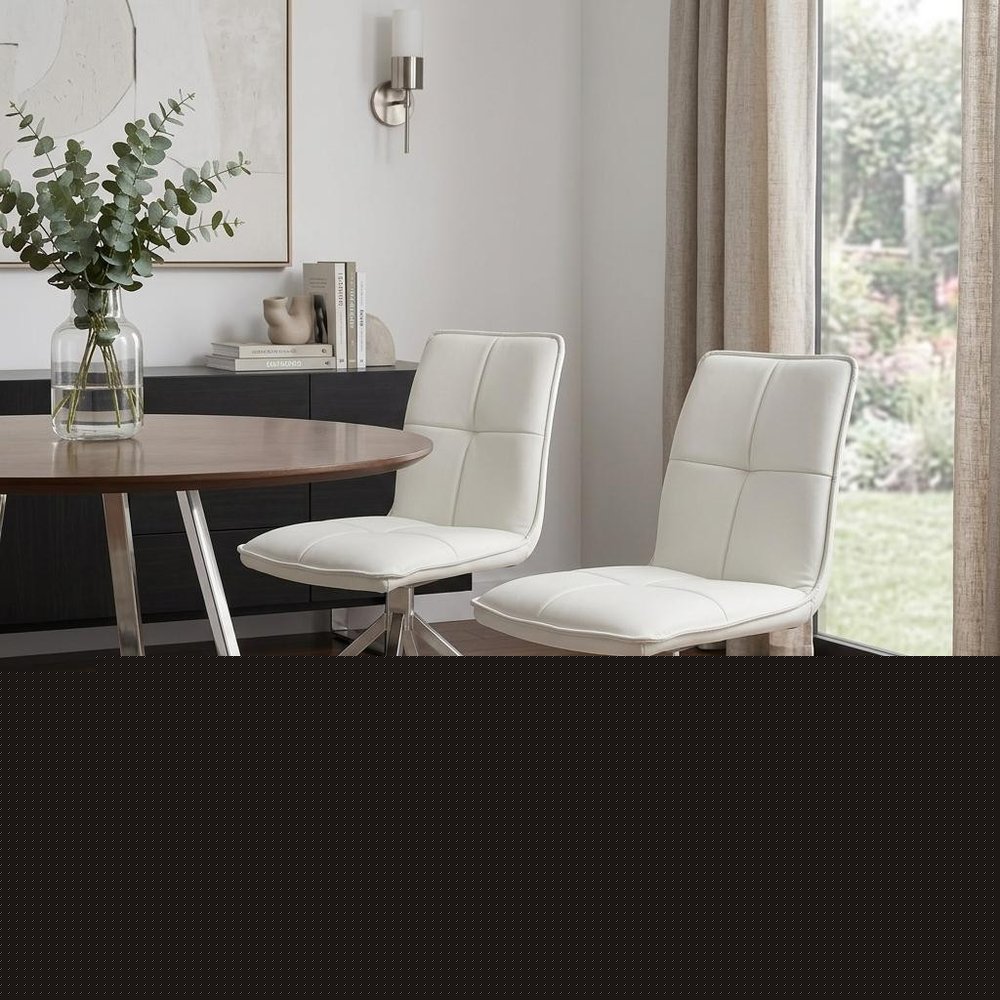 Set of Two White and Silver Faux Leather Swivel Dining Side Chairs