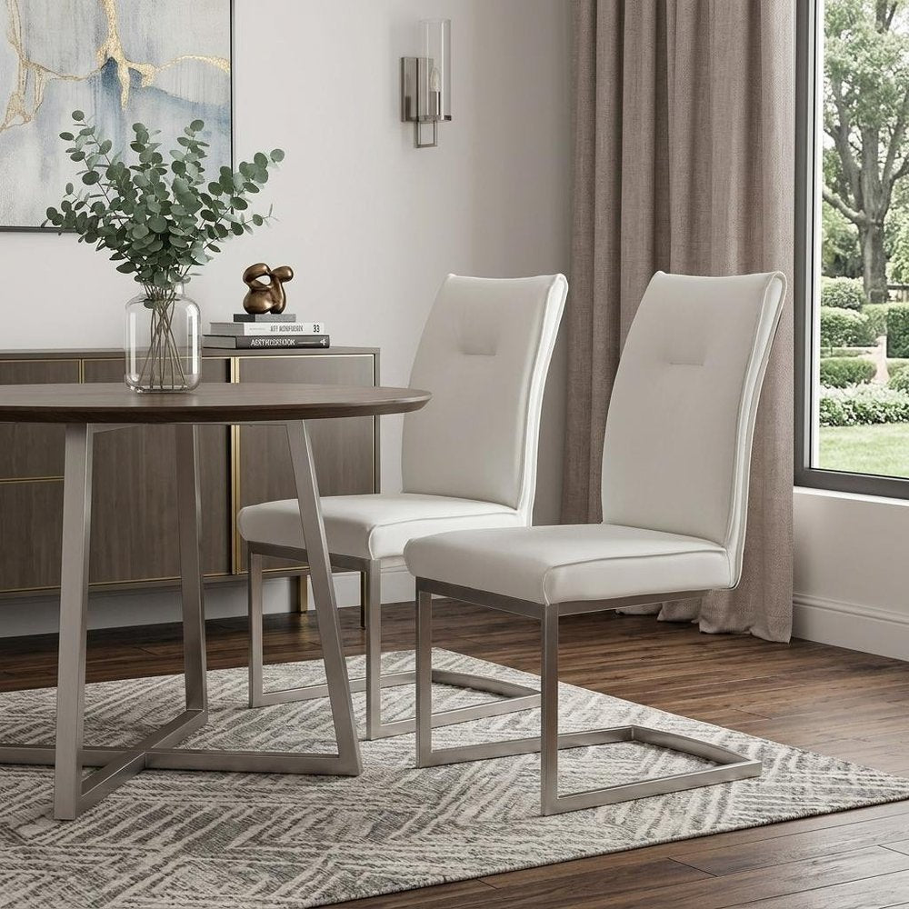 Set of Two White Gray and Silver Faux Leather Dining Side Chairs