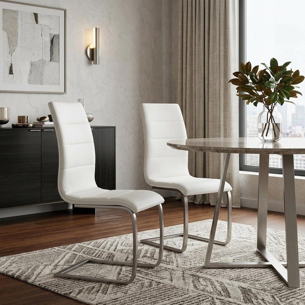 Set of Two White and Silver Faux Leather Dining Side Chairs