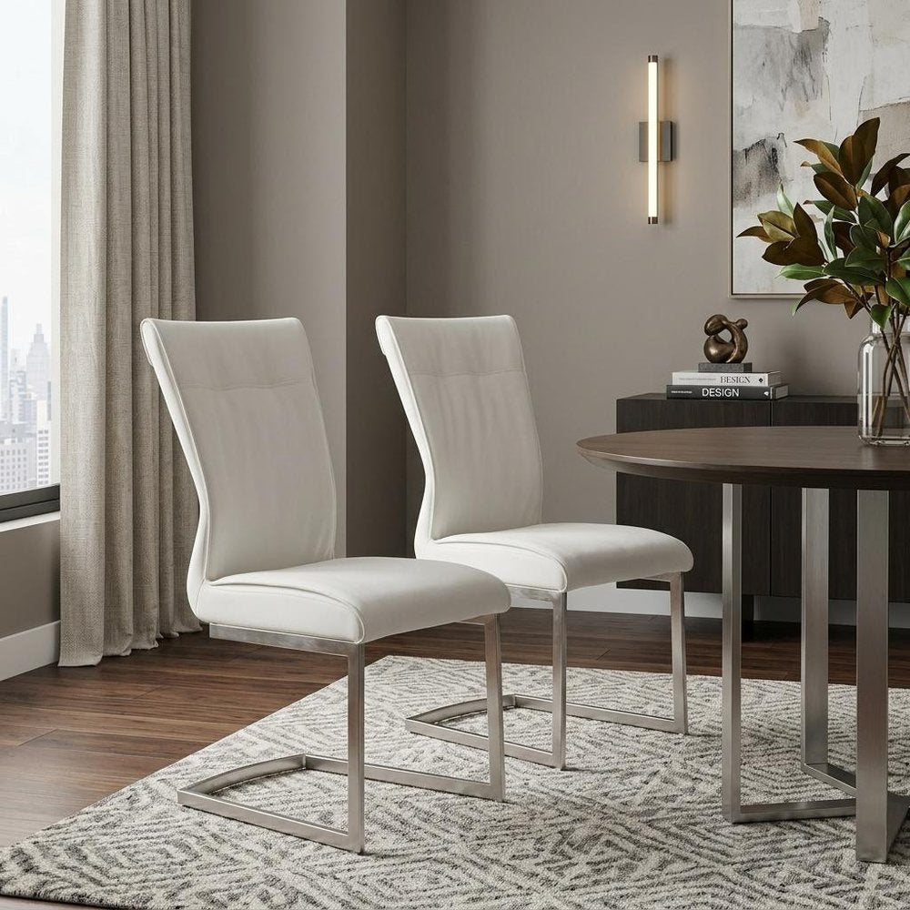 Set of Two White and Silver Faux Leather Dining Side Chairs