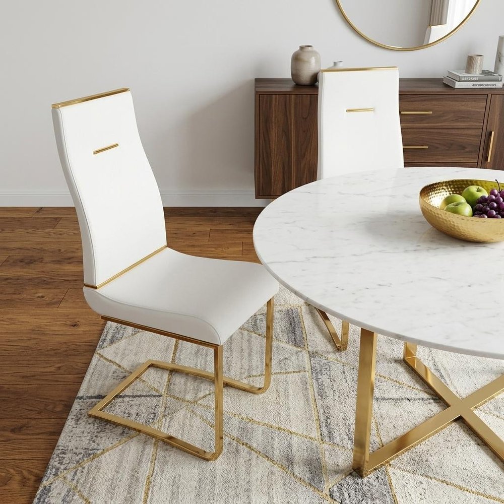 Set of Two White and Gold Faux Leather Dining Side Chairs
