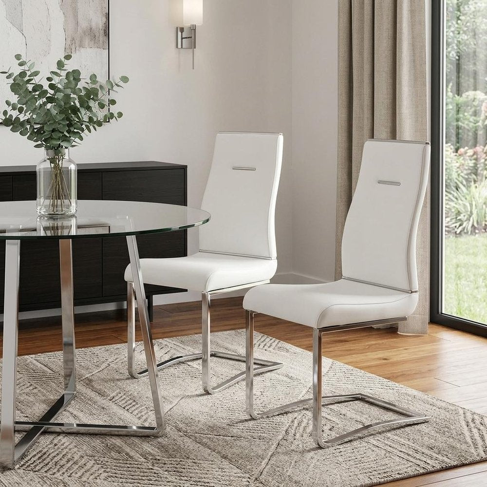 Set of Two White and Silver Faux Leather Dining Side Chairs