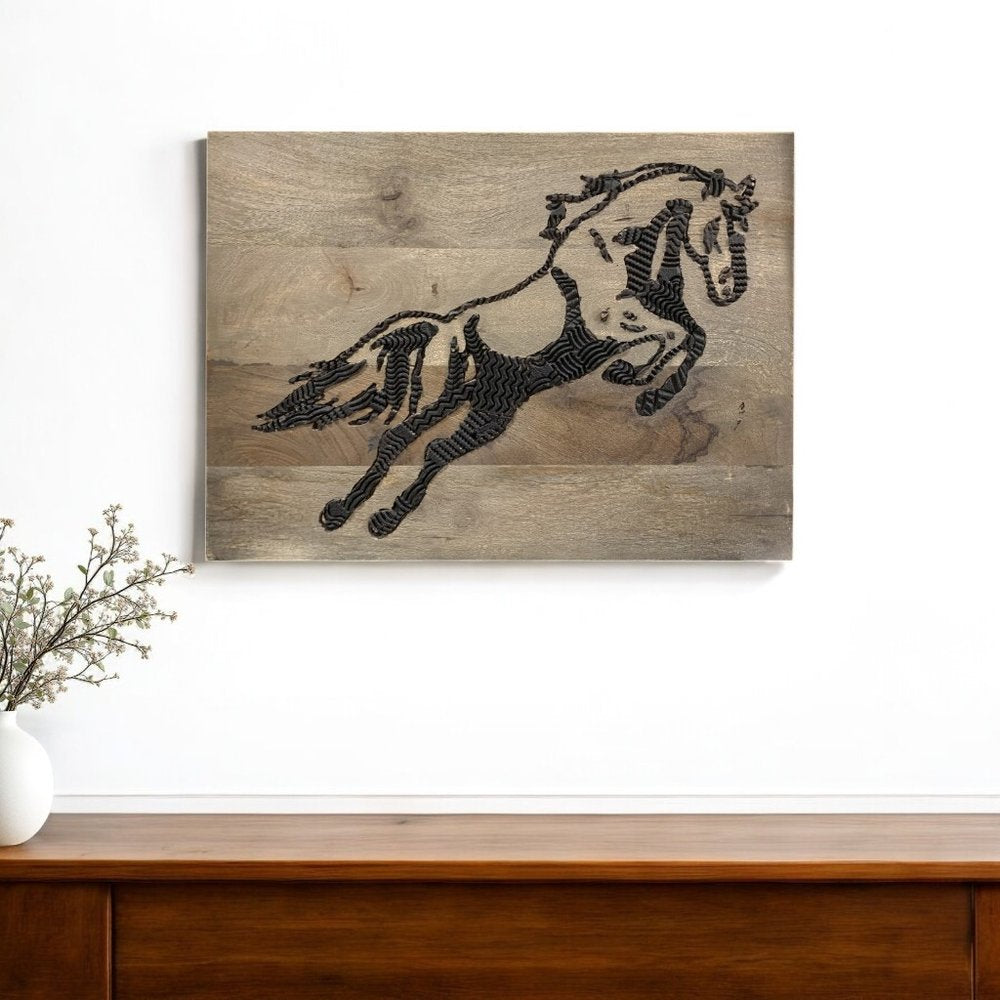 19" X 24" Black And Brown Horse Solid Wood Hanging Dimensional Sculpture