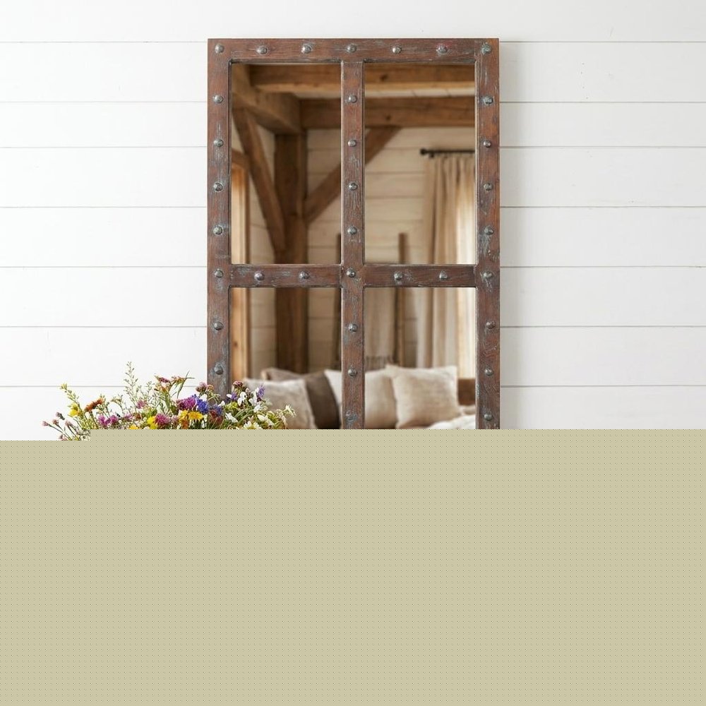 60" Wood Brown Rustic Solid Wood Window Pane Framed Accent Mirror