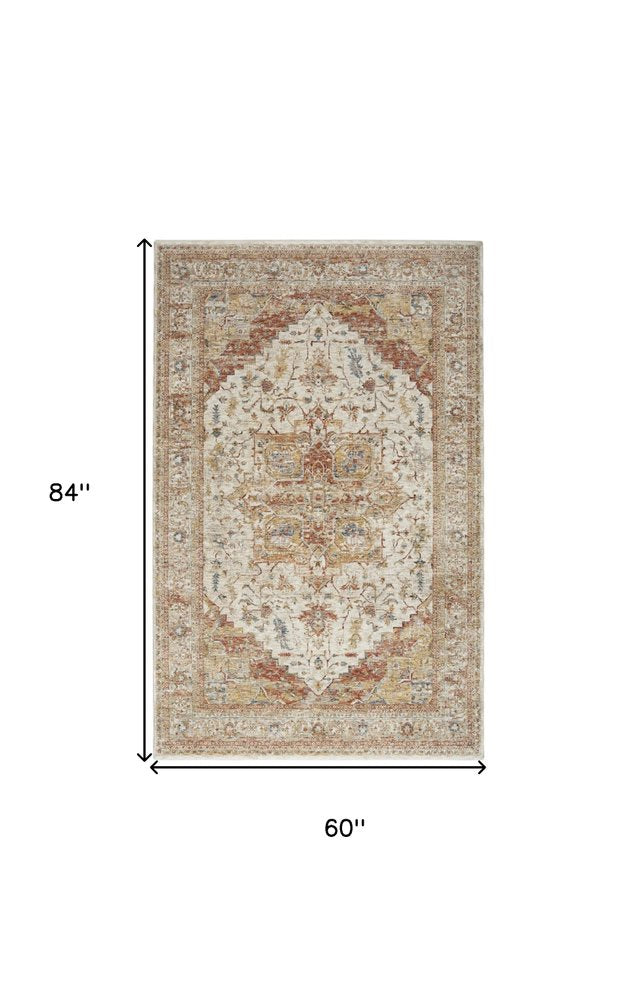 9' X 13' Rust And Ivory Floral Distressed Area Rug