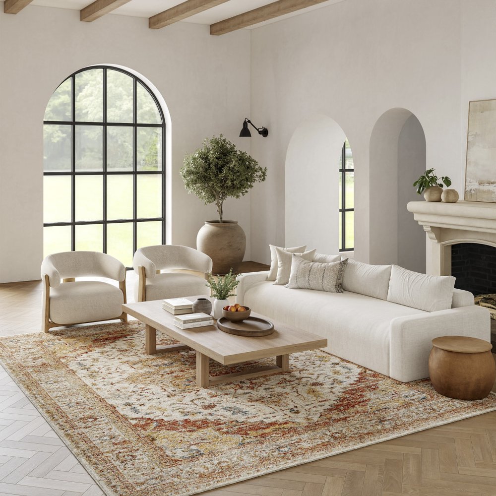 9' X 13' Rust And Ivory Floral Distressed Area Rug