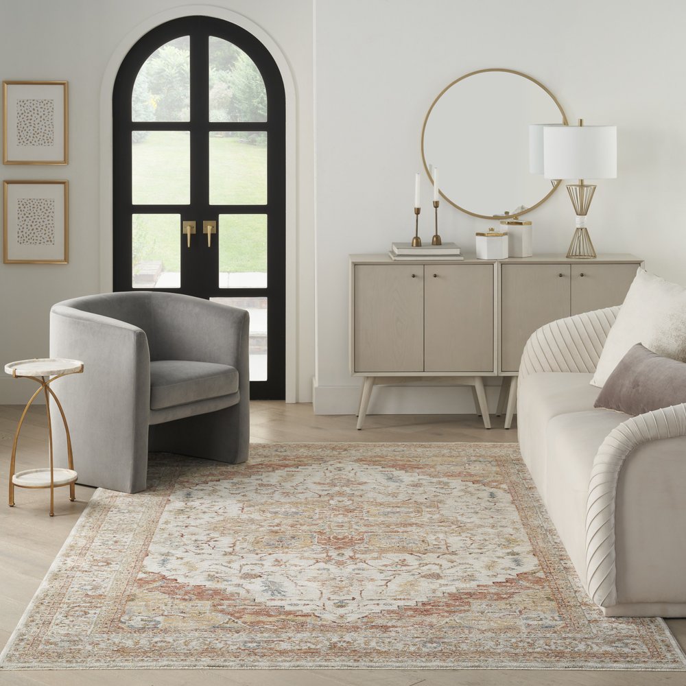 9' X 13' Rust And Ivory Floral Distressed Area Rug