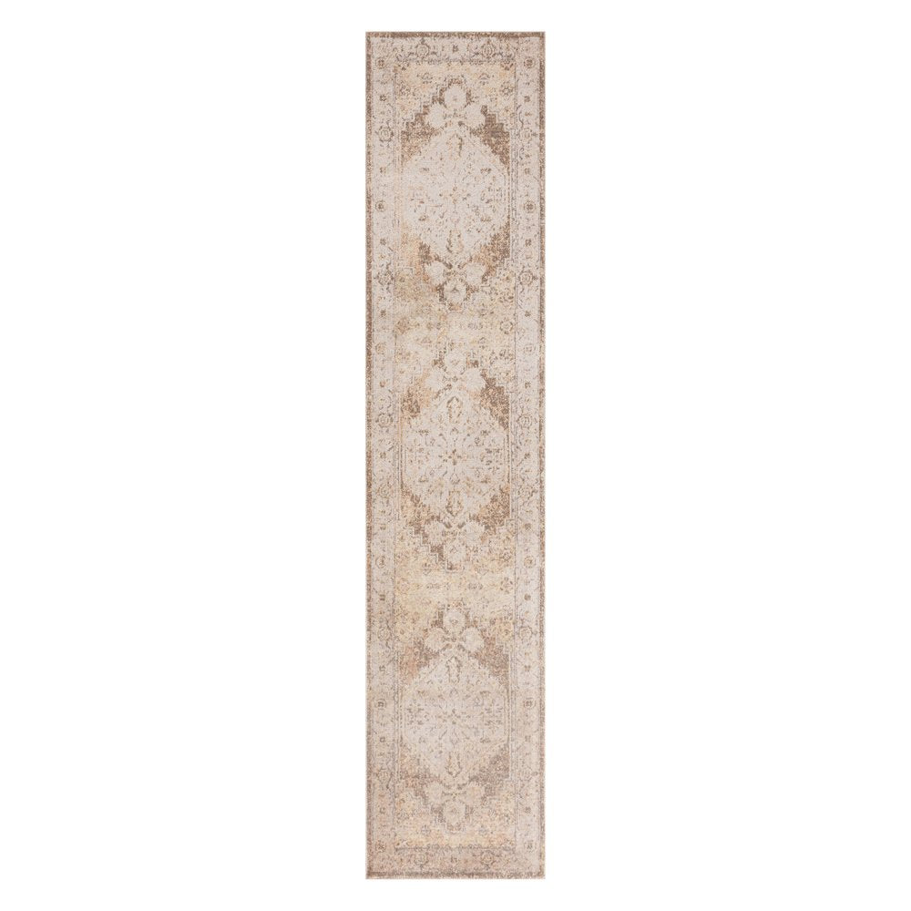10' Beige And Brown Floral Distressed Runner Rug