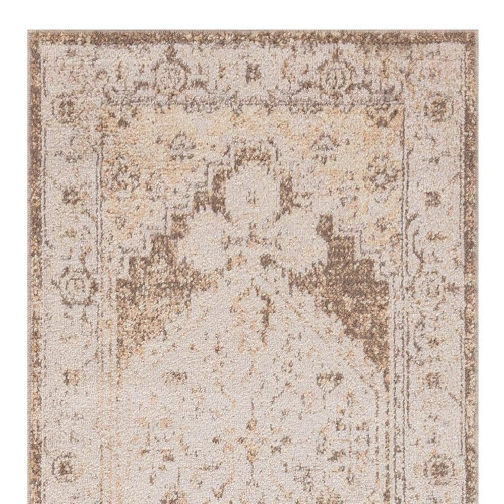 10' Beige And Brown Floral Distressed Runner Rug