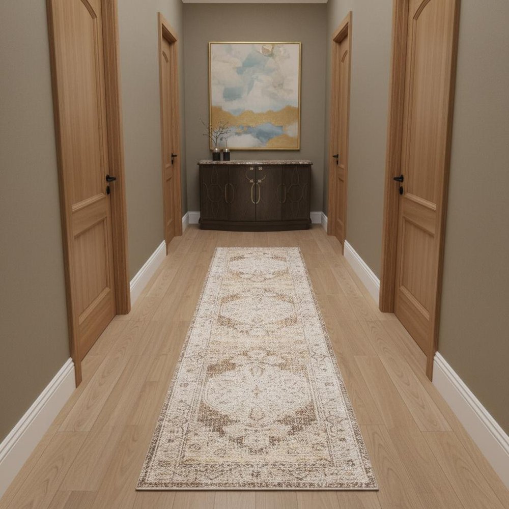 10' Beige And Brown Floral Distressed Runner Rug