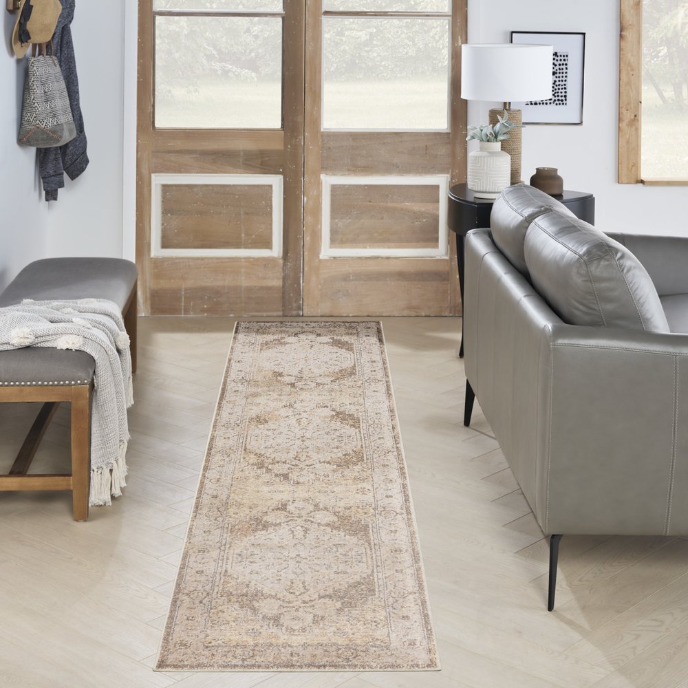 10' Beige And Brown Floral Distressed Runner Rug