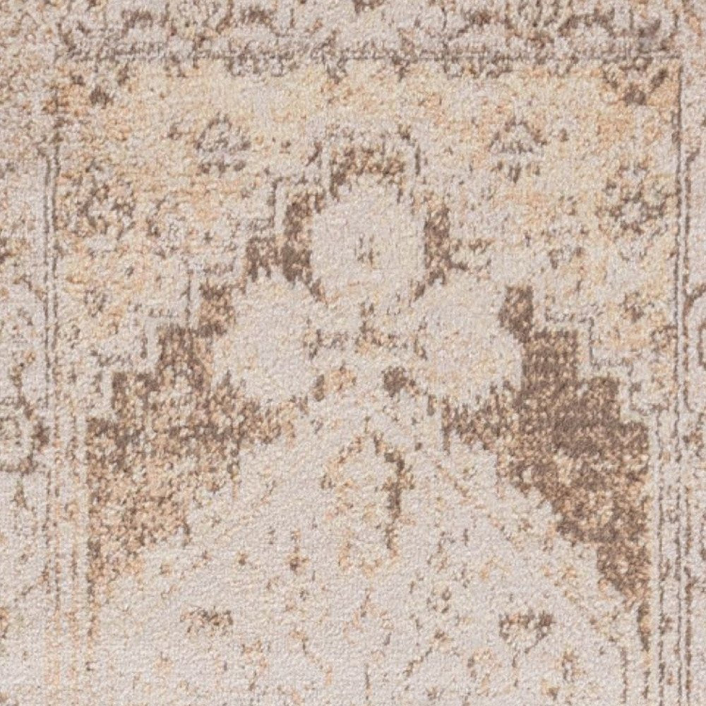 10' Beige And Brown Floral Distressed Runner Rug