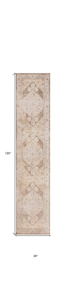 10' Beige And Brown Floral Distressed Runner Rug