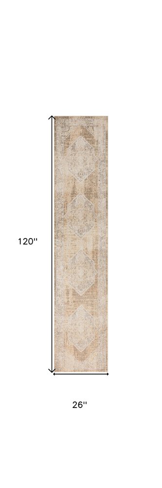 10' Beige And Brown Geometric Runner Rug