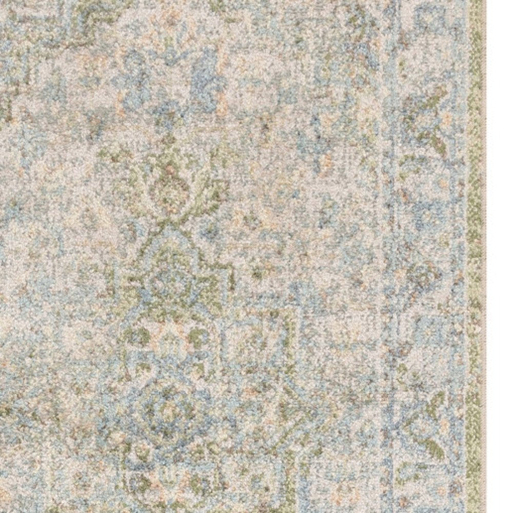 10' Blue Green And Ivory Floral Runner Rug
