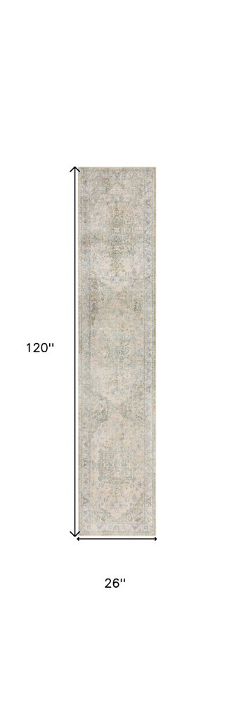10' Blue Green And Ivory Floral Runner Rug